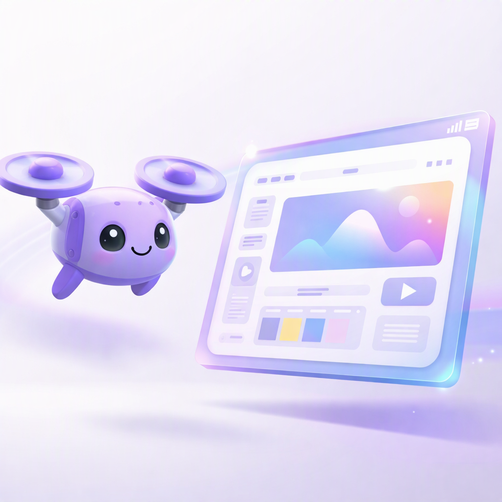 A playful lavender drone mascot orbiting a floating design canvas