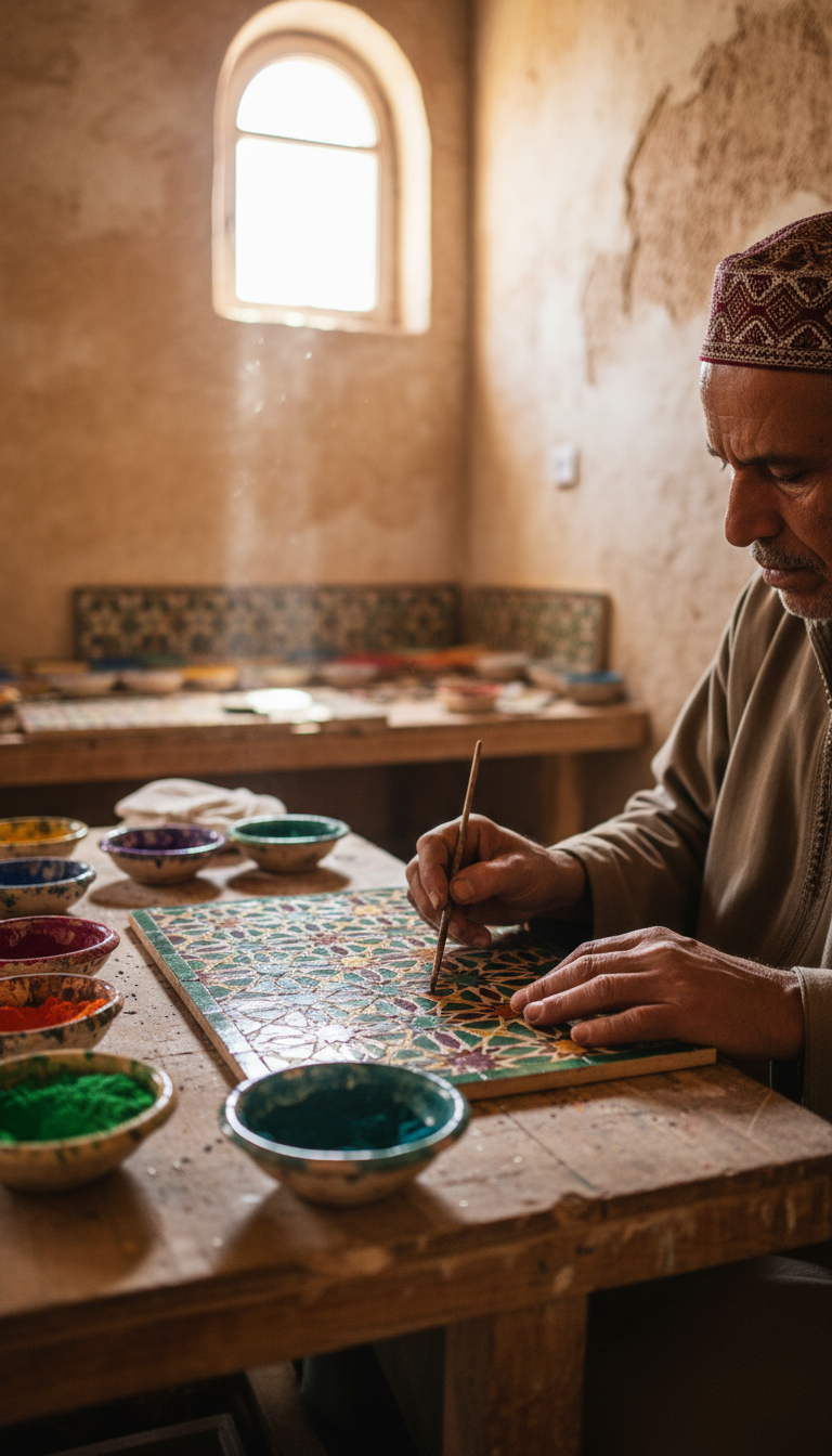 An artisan painting a zellige tile in a Marrakech workshop
