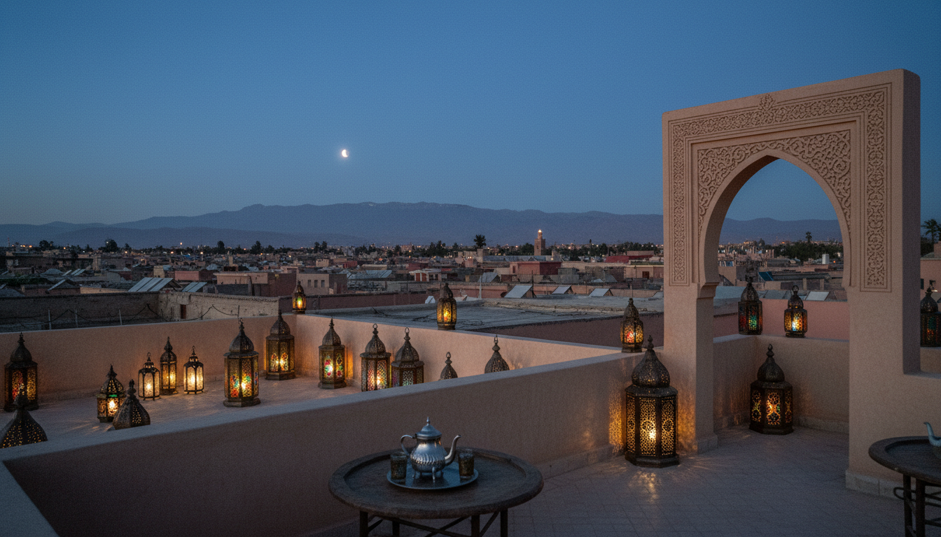 Marrakech rooftops and the Atlas Mountains at blue hour