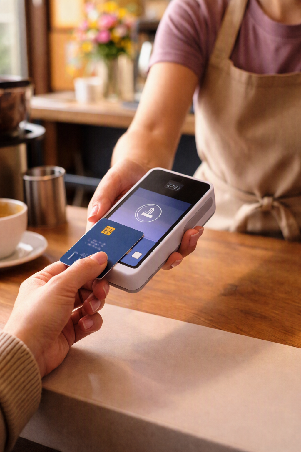 Barista presenting a payment terminal to a customer at a café counter