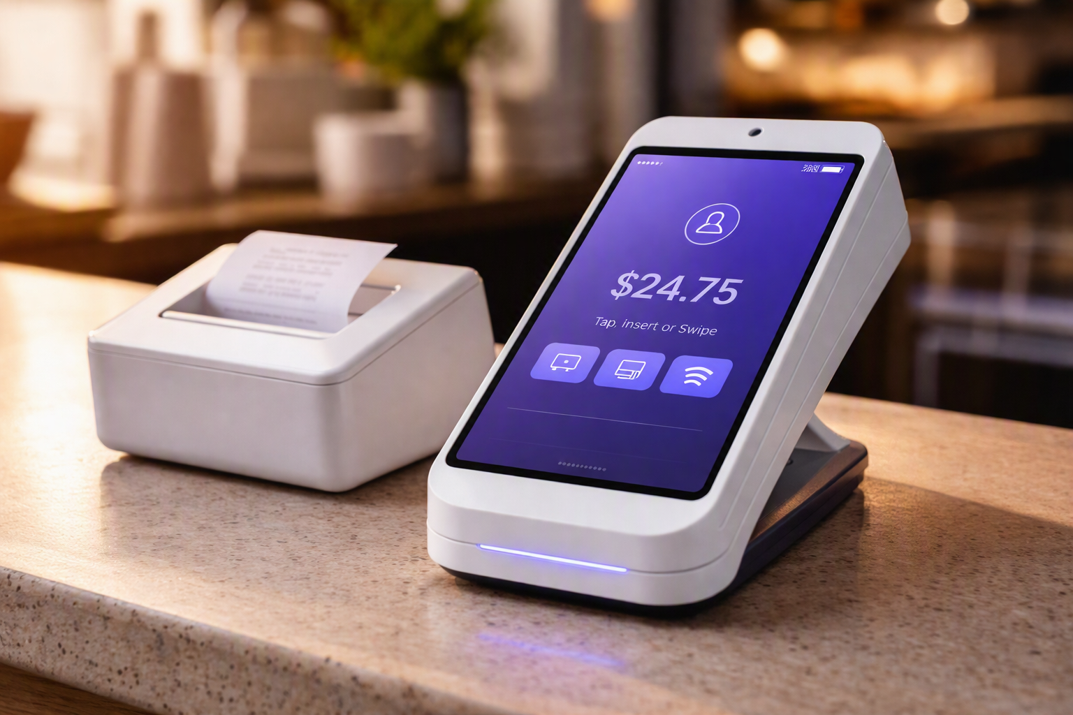 POS terminal on a café counter beside a receipt printer