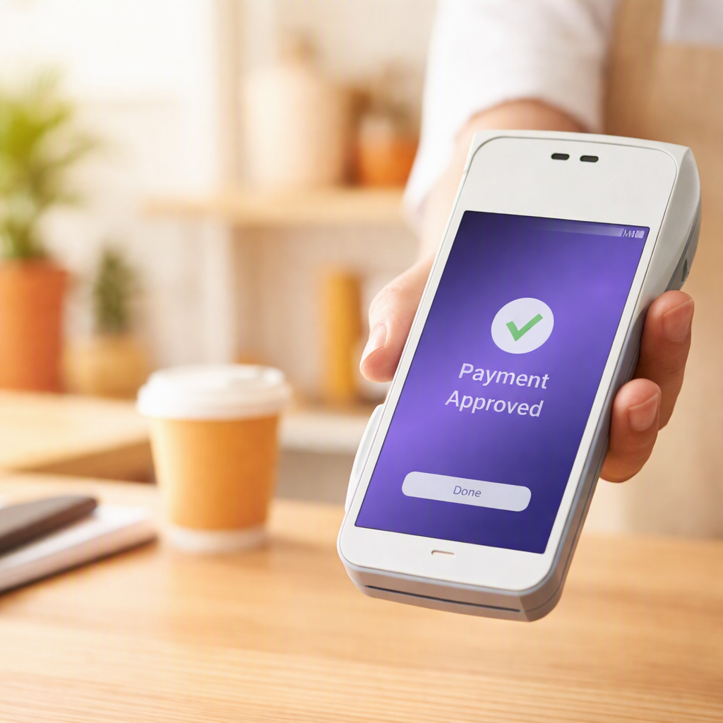 Merchant holding a modern POS payment terminal