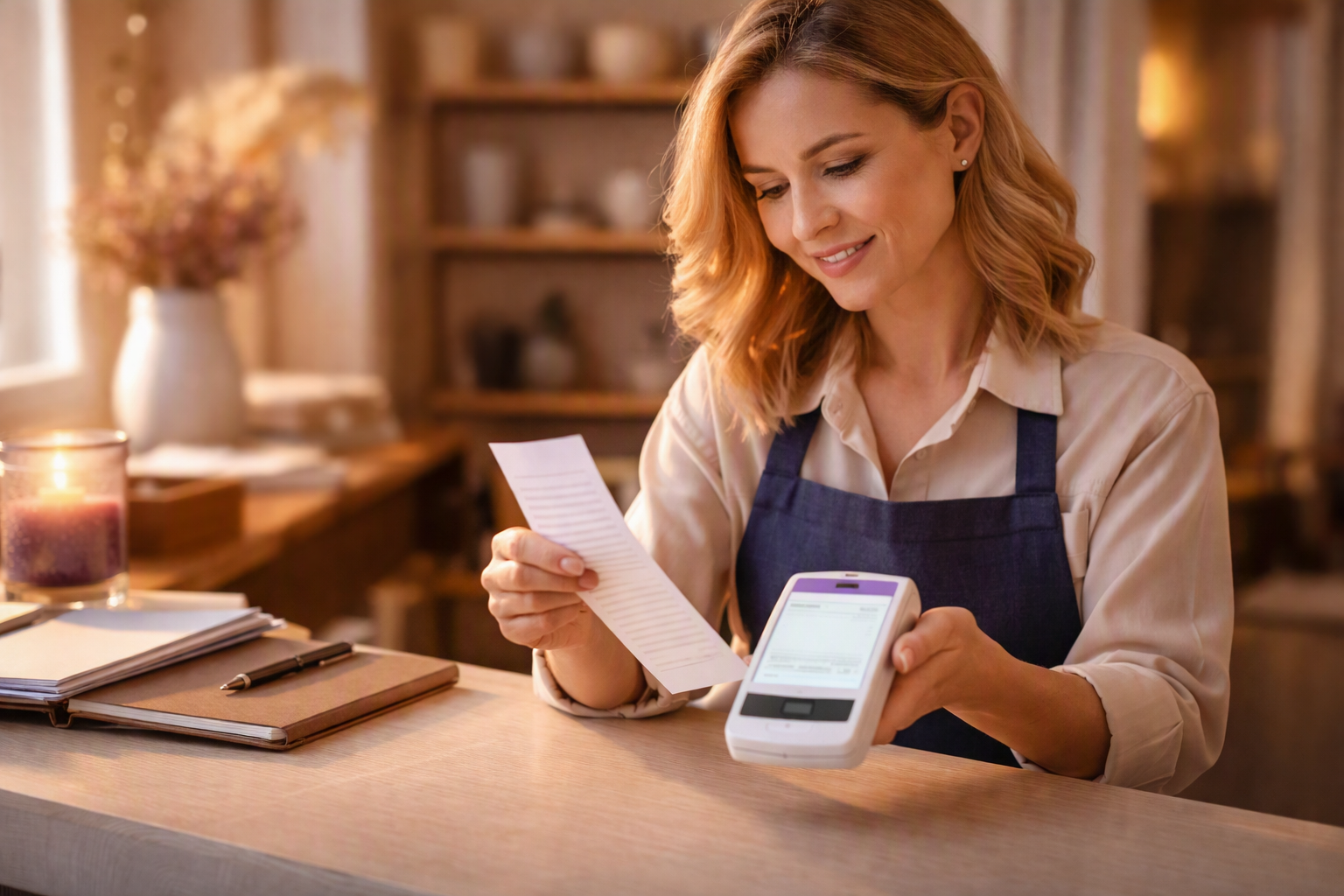 Merchant reviewing terminal activity and a shift receipt at a counter