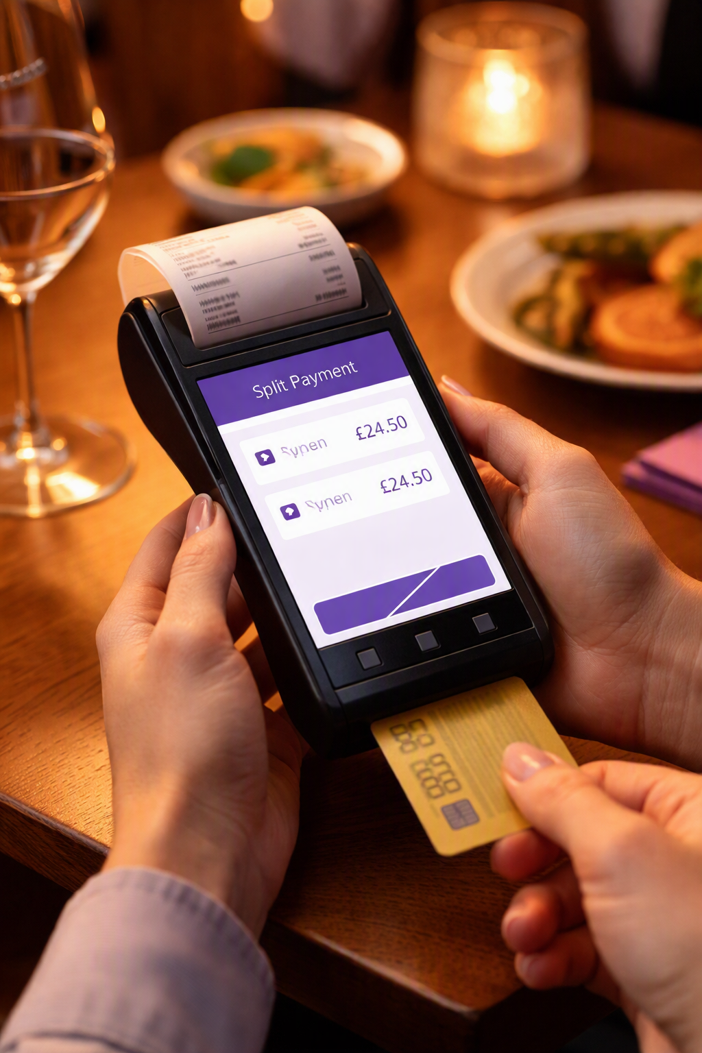 Restaurant server processing a split payment on a handheld terminal