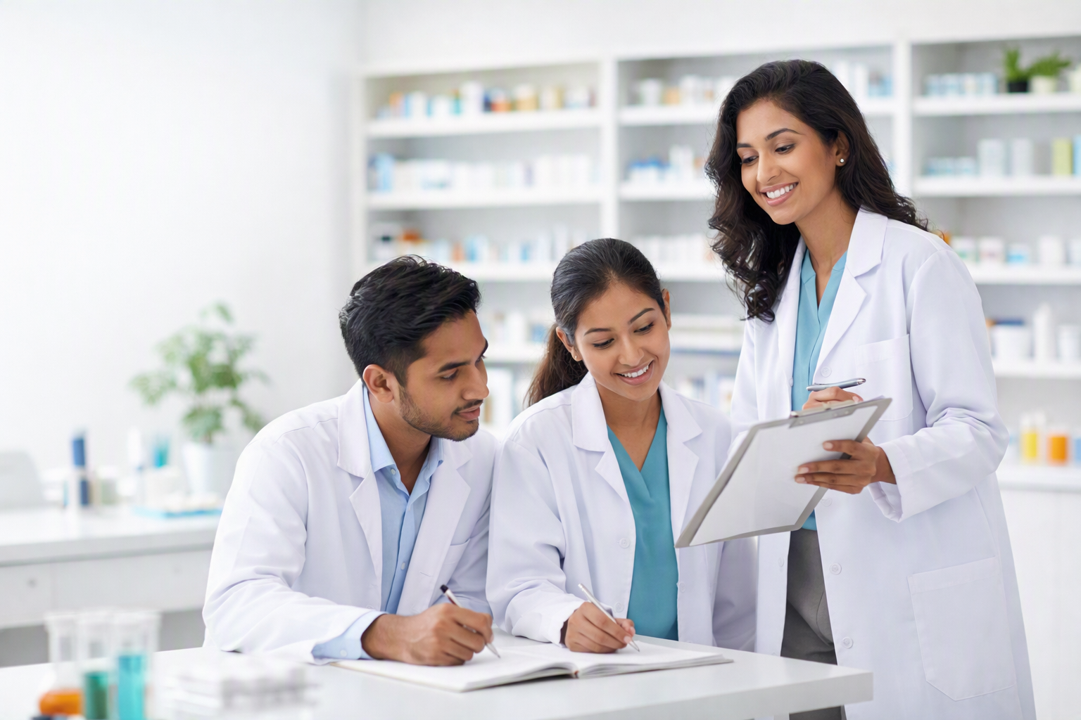 Pharmacy instructor guiding students in a modern classroom