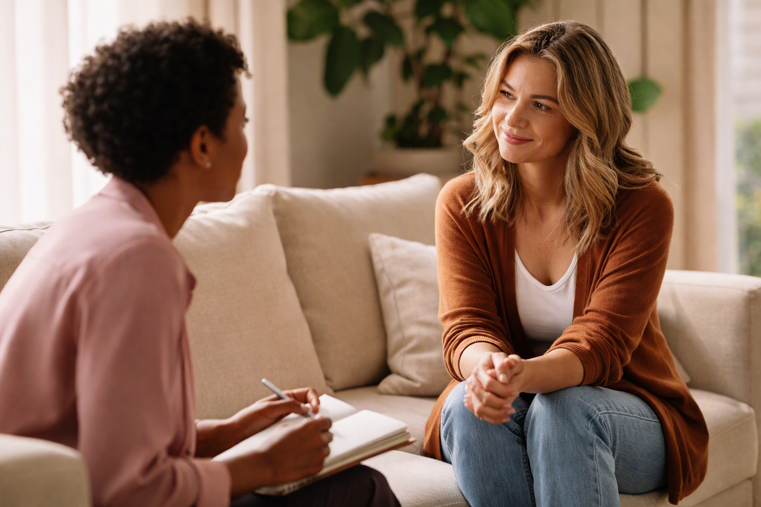 Two people in a relationship coaching conversation