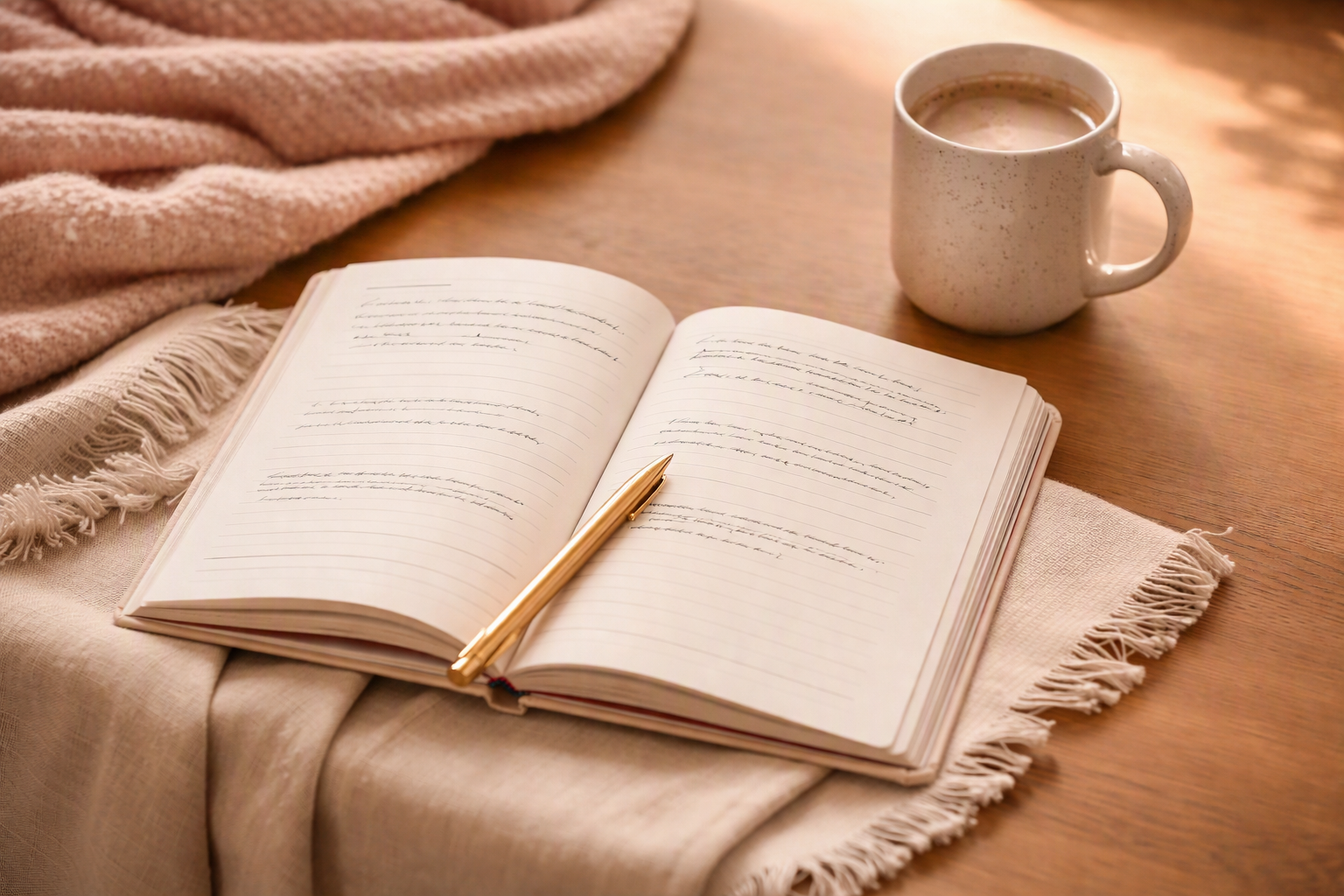 An open relationship workbook beside coffee