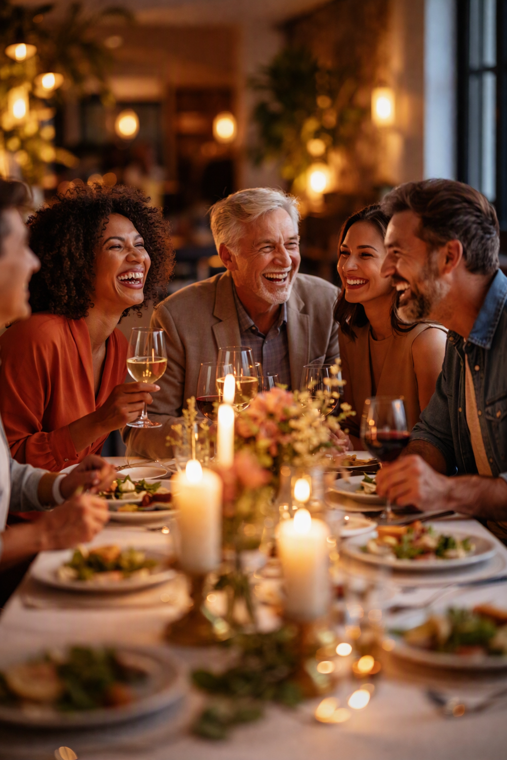 Adults connecting over dinner at a Timaci event